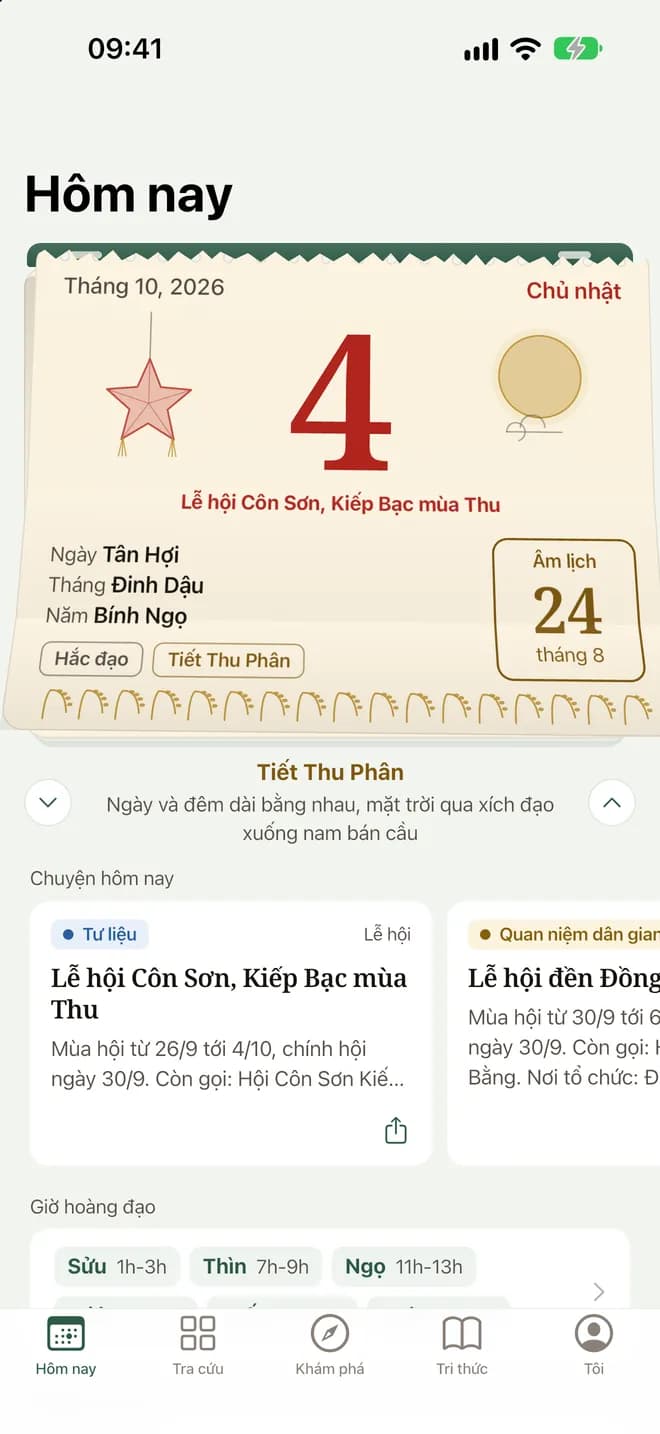 Màn Hôm nay của app: tờ lịch ngày 4 tháng 10 năm 2026
