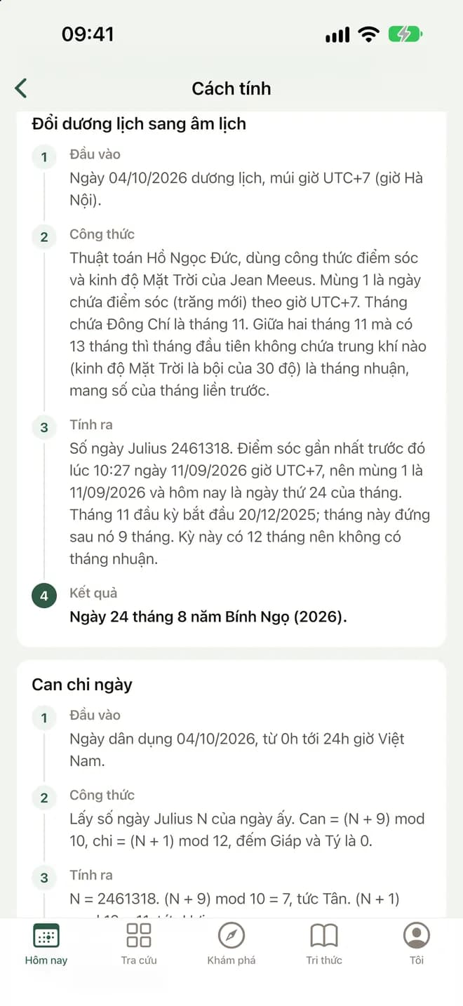 Màn Cách tính: các bước đổi ngày dương sang ngày âm