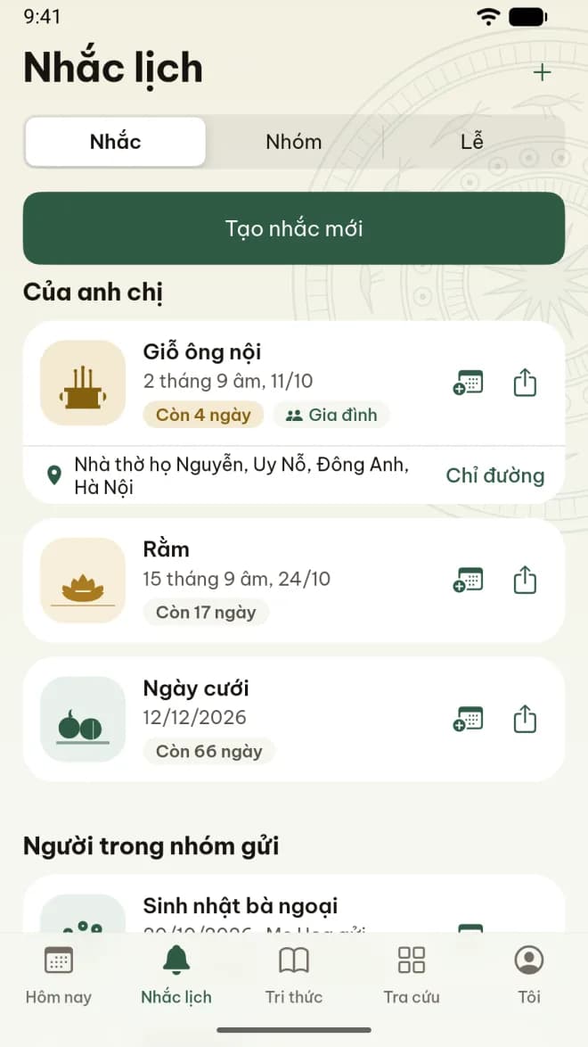 Tab Nhắc lịch của app: ngày giỗ và nhắc chung của cả nhà