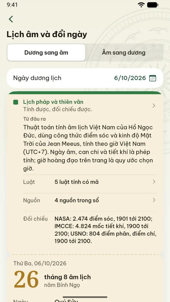 Phiếu đổi lịch của app, có phần Từ đâu ra và các bước tính