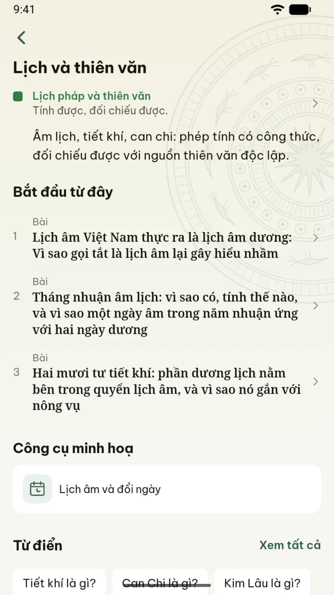 Màn lĩnh vực Lịch và thiên văn trong tab Tri thức của app