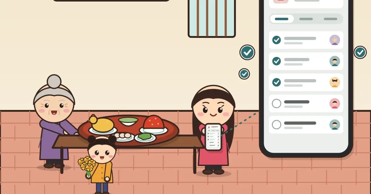 Bà, cô Lan và bé Na chuẩn bị mâm cỗ giỗ, danh sách việc trên điện thoại đã tích ba việc