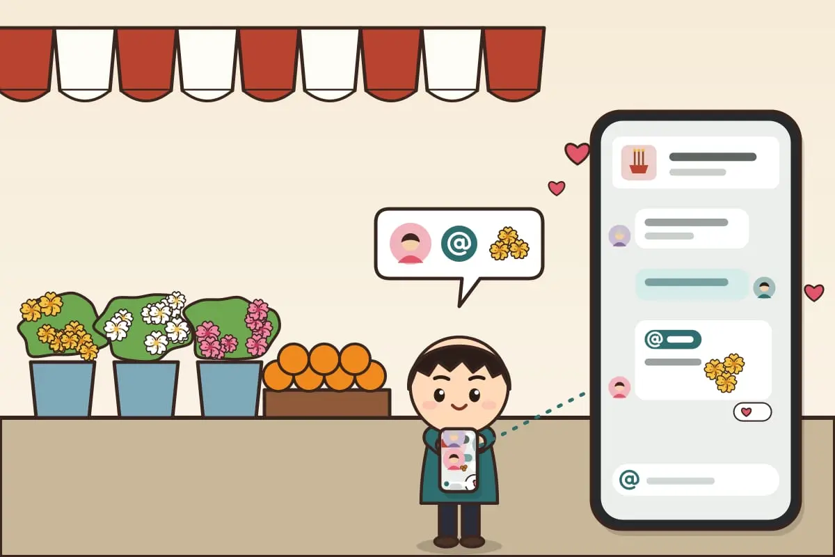 Chú Minh đang ở chợ hoa nhận lời nhắc của cô Lan, kèm hình bông cúc vàng; màn bình luận phóng to có viên @ tên