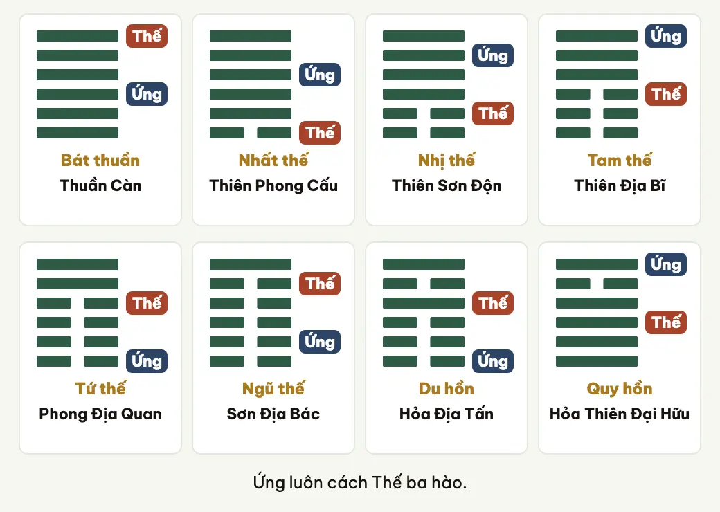 Vị trí hào Thế và hào Ứng qua tám quẻ của một cung.