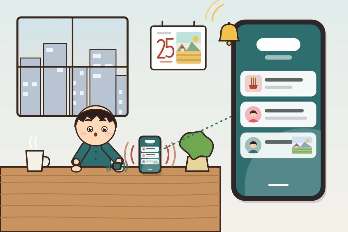 Uncle Minh at his desk as his phone and watch buzz with the anniversary reminder; an enlarged lock screen shows three notifications