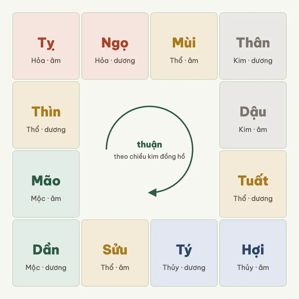 Địa bàn Tử Vi: mười hai chi đứng cố định, chiều thuận theo kim đồng hồ.