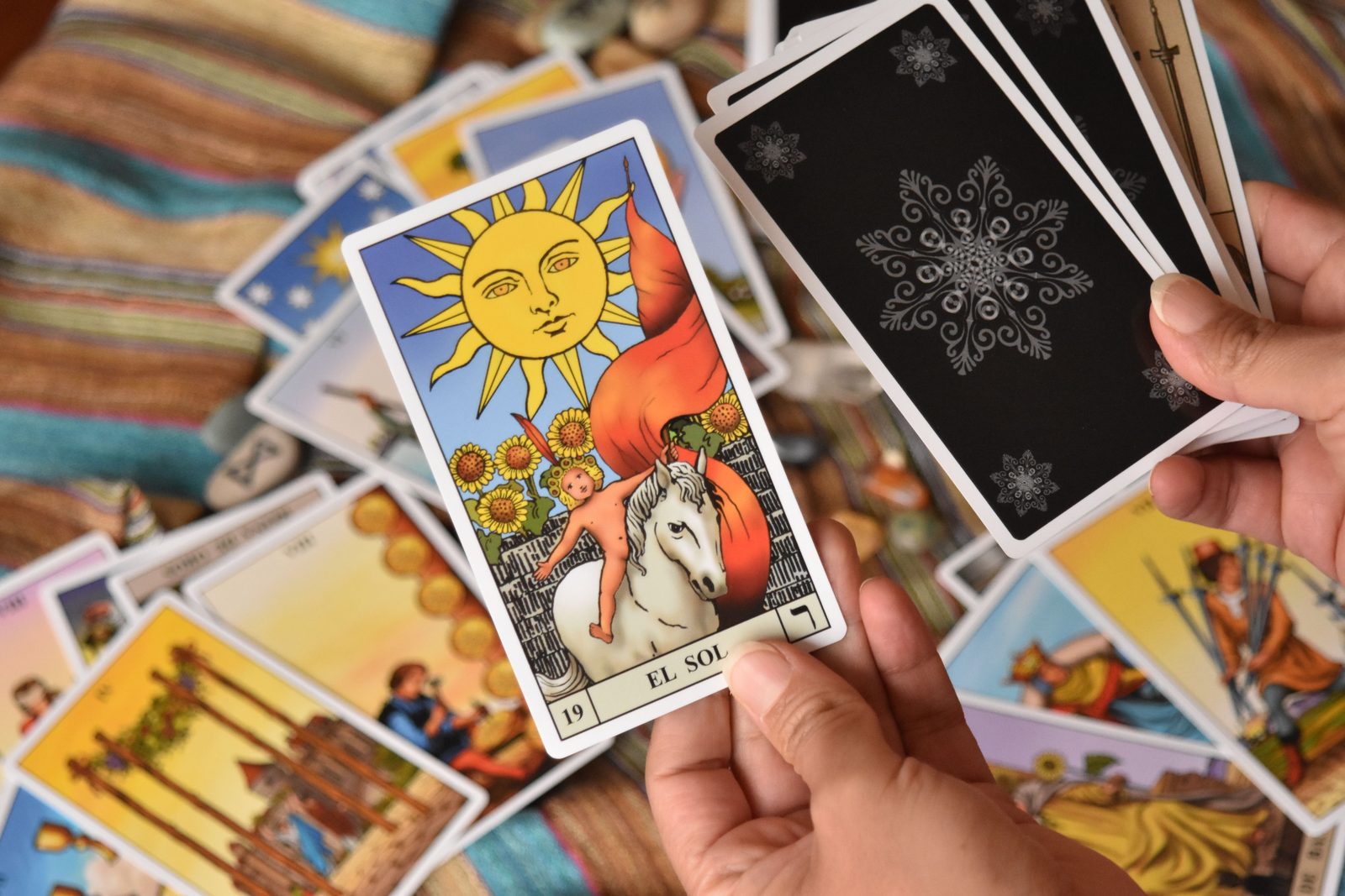 Tay người xem cầm những lá bài Tarot đầy màu sắc