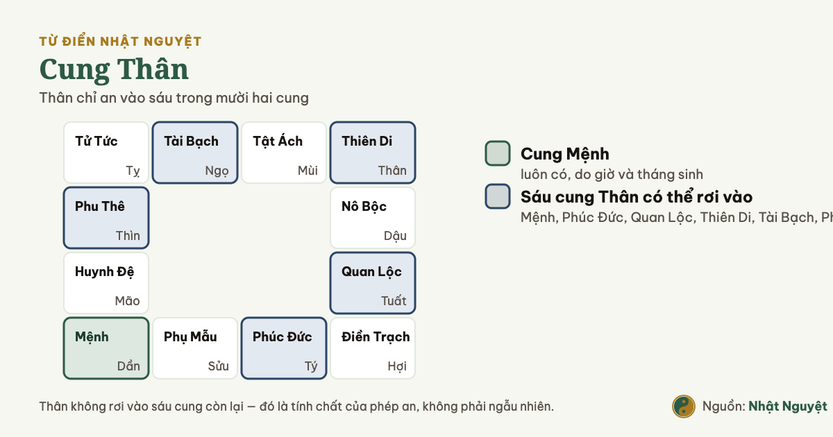 Sơ đồ sáu cung mà cung Thân có thể an vào trên địa bàn mười hai cung Tử Vi