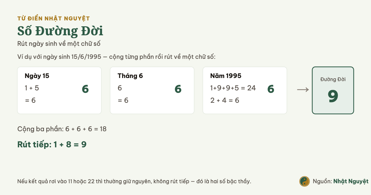 Sơ đồ cách rút ngày sinh 15 tháng 6 năm 1995 về Số Đường Đời bằng phép cộng dồn các chữ số