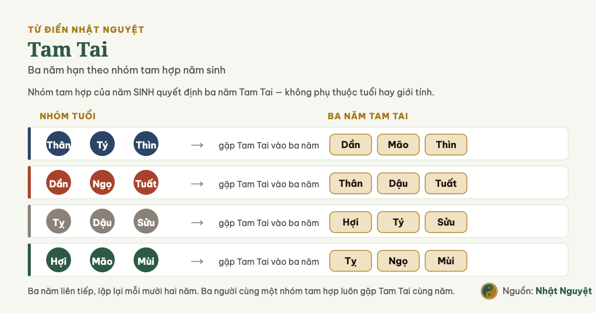 Bảng bốn nhóm tam hợp năm sinh và ba năm Tam Tai tương ứng của từng nhóm