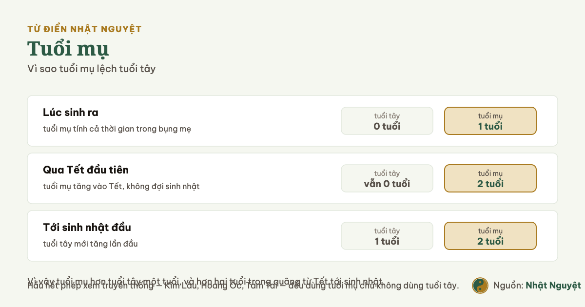 Sơ đồ so sánh tuổi mụ và tuổi tây qua ba mốc: lúc sinh, qua Tết đầu tiên và tới sinh nhật đầu tiên