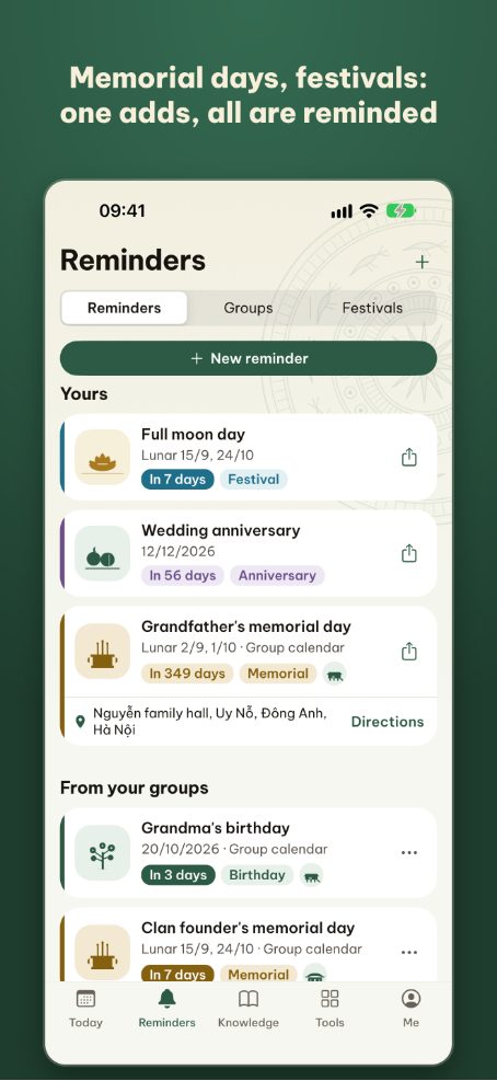 A shared anniversary reminder for the whole family in the app