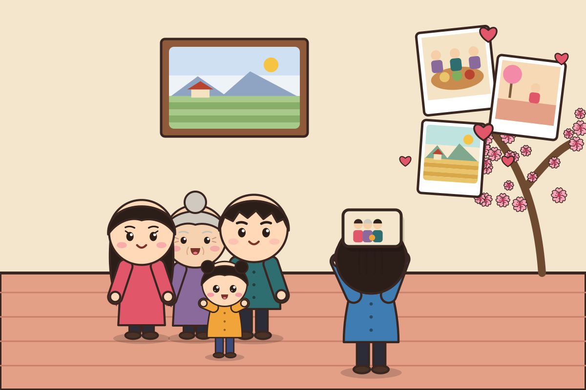 The family posing for a photo on an anniversary, pictures flying into the shared album with hearts