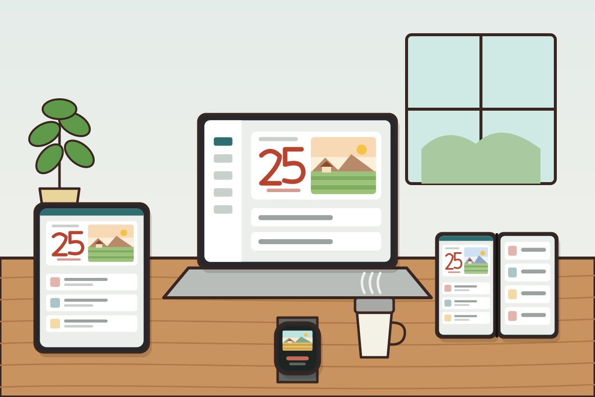 The same calendar page on a tablet, a laptop, a dual-screen foldable and a watch