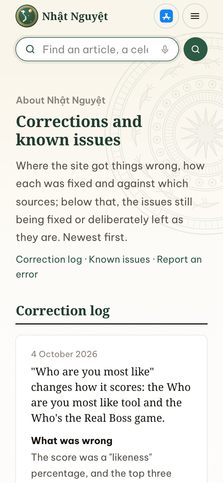 The Corrections page on a phone