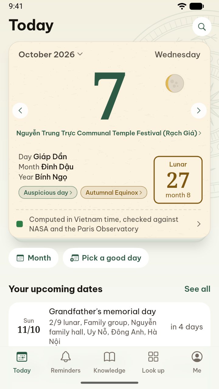 The Today tab in the Nhật Nguyệt app