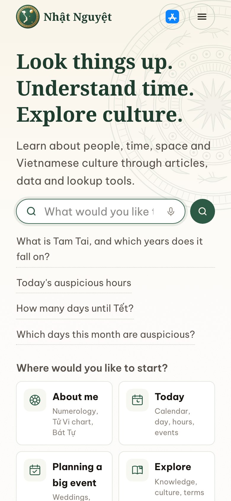 The Nhật Nguyệt home page on a phone