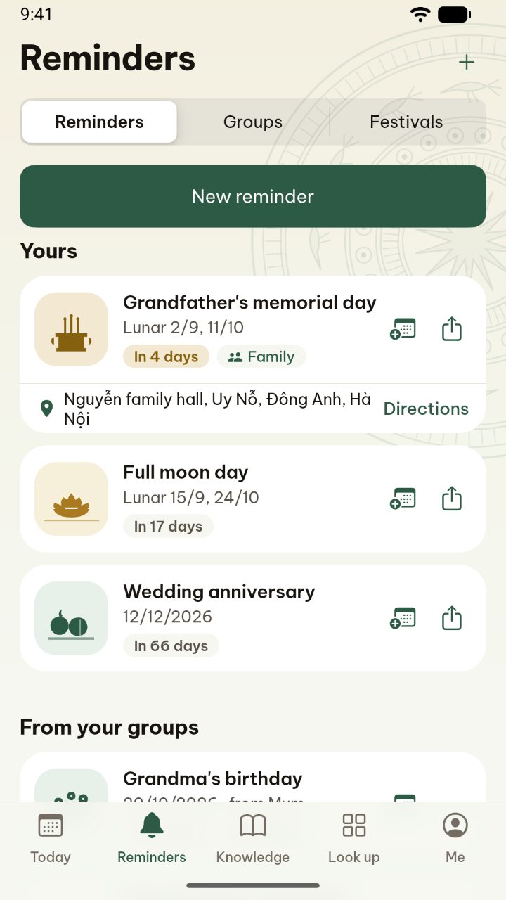 Family reminders in the app