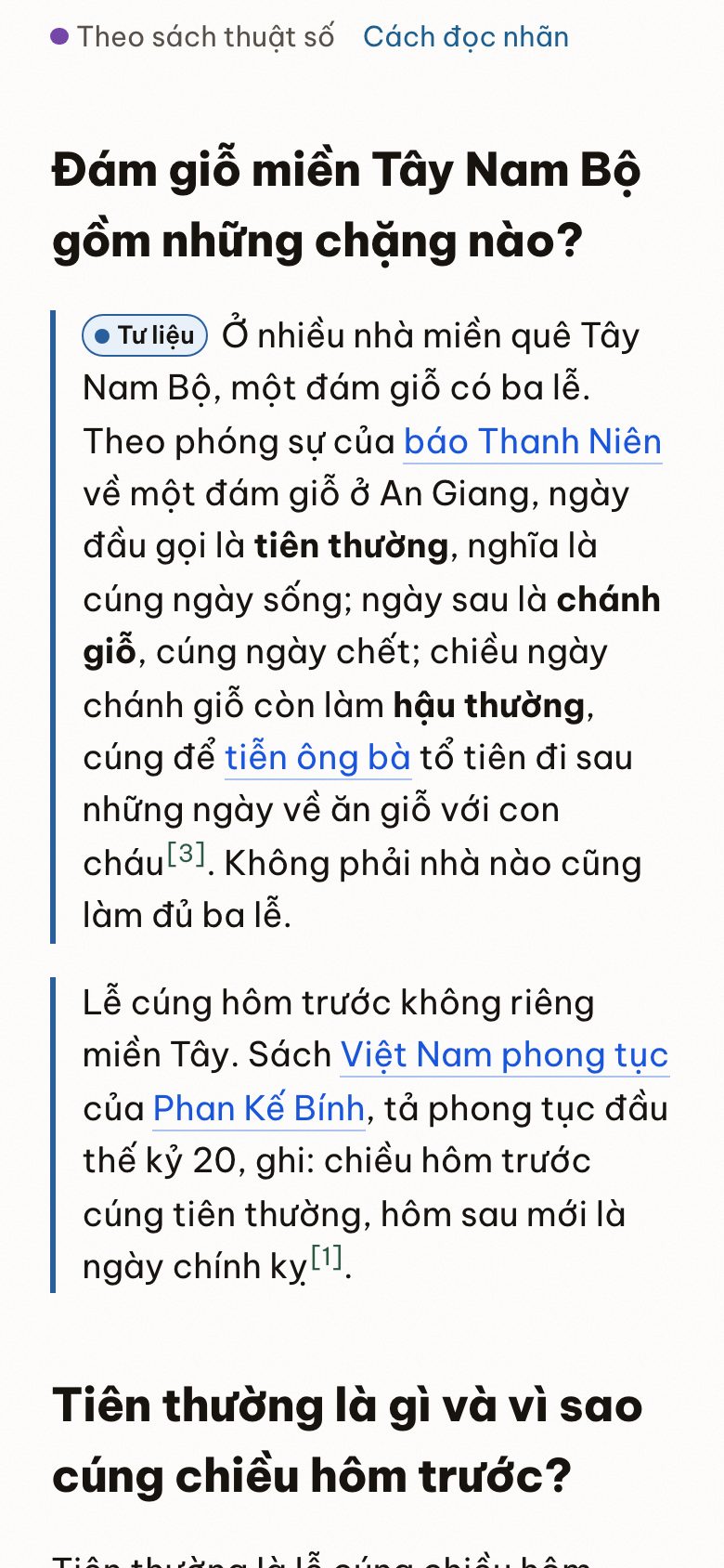 Một đoạn trong bài về đám giỗ miền Tây: nhãn Tư liệu ở đầu đoạn, số chú thích ở cuối câu trỏ về danh mục tham khảo
